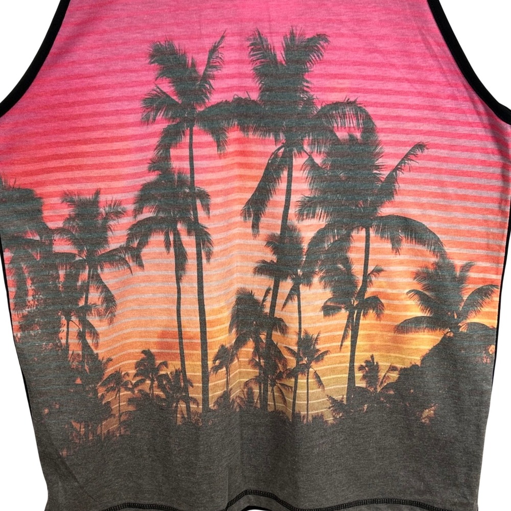 Distortion Mens Tank Top Large Pink Black Sunset Palm Tree Graphic New